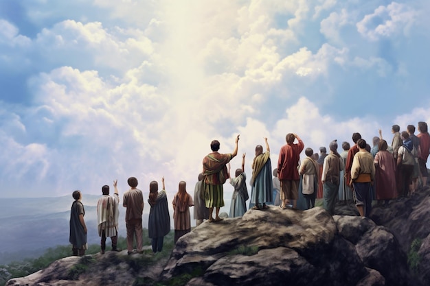 painting of a group of people standing on a mountain with a sky background generative ai