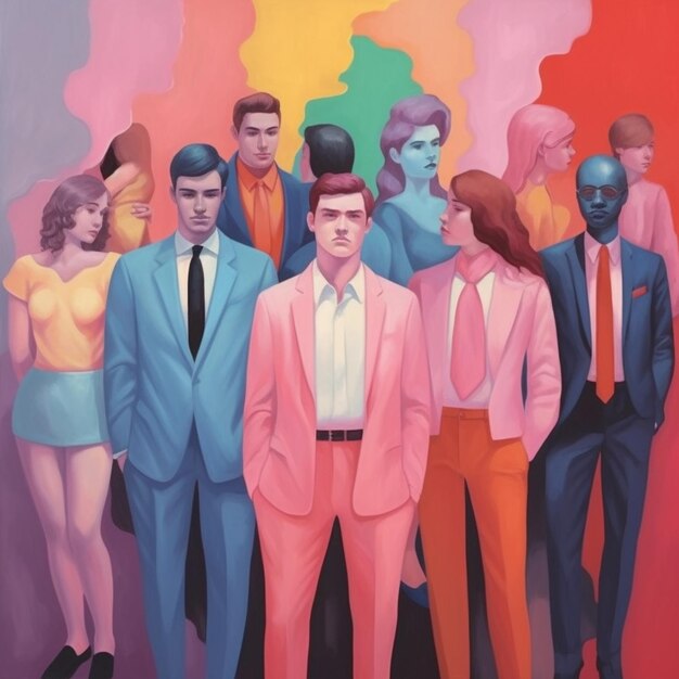 Painting of a group of people in suits and ties standing in front of a colorful background generative ai