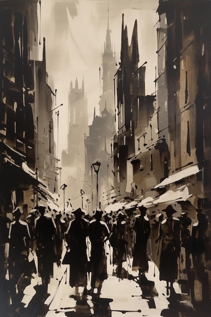 painting of a group of people walking down a street with umbrellas generative ai