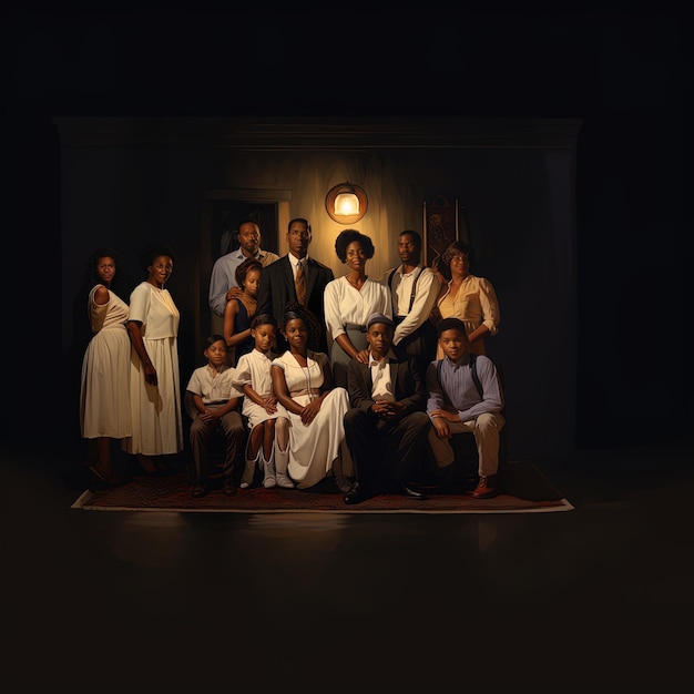 a painting of a group of people in white is shown with a light on the bottom
