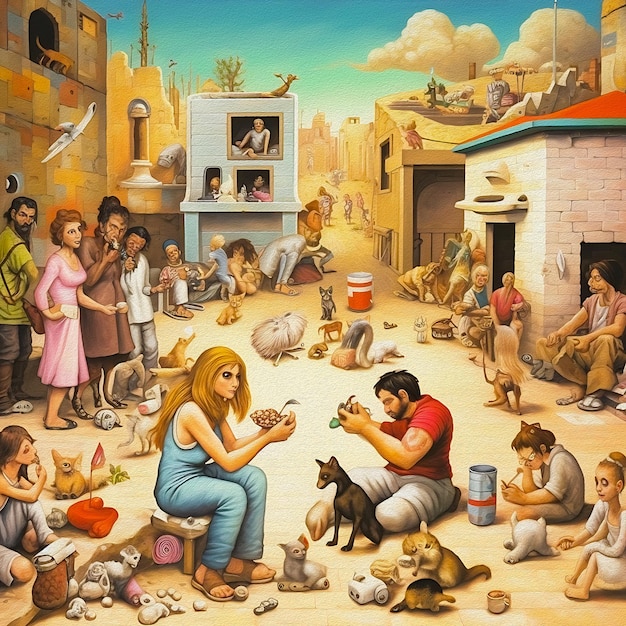 A painting of a group of people with a dog and a woman in red shirt.