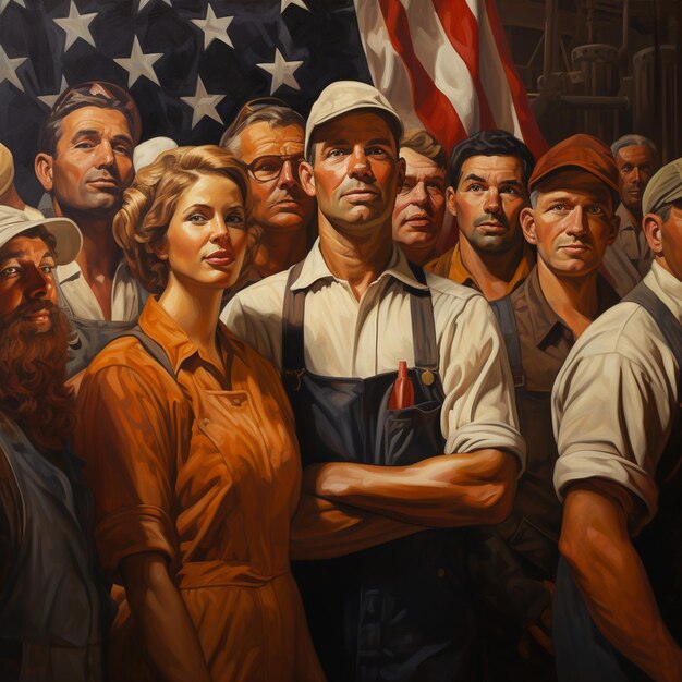 A painting of a group of people with a flag and a woman in a hat.