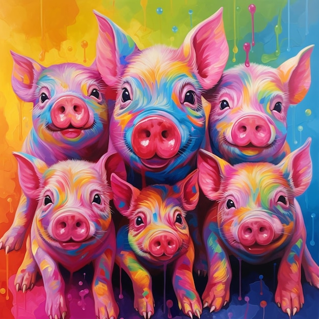 Painting of a group of pigs with a rainbow background generative ai