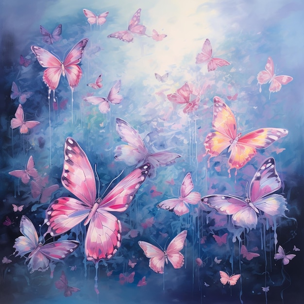 painting of a group of pink butterflies flying in the sky generative ai