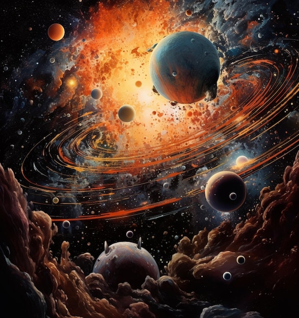 Painting of a group of planets in a galaxy with a bright orange sun generative ai