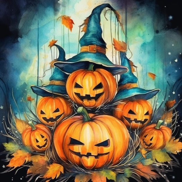 a painting of a group of pumpkins with a witch hat on top generative ai