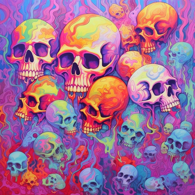 A painting of a group of skulls with different colors generative ai