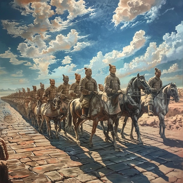 Foto pittura di un gruppo di soldati a cavallo su una strada di mattoni generativa ai