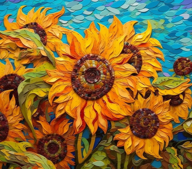 painting of a group of sunflowers with a blue background generative ai