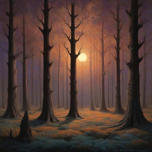 a painting of a group of trees in a forest at night sublime but intricate design