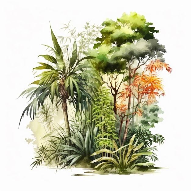 A painting of a group of trees and plants on a white background generative ai