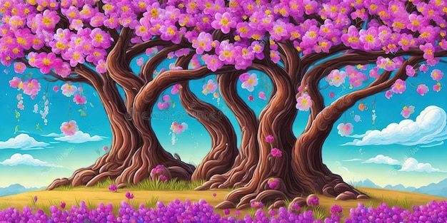 A painting of a group of trees with purple flowers and a blue sky.