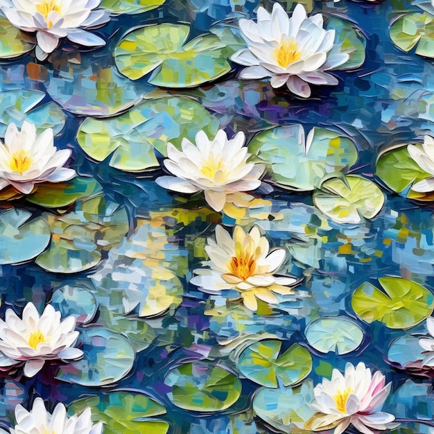 painting of a group of water lillies floating on top of a pond generative ai