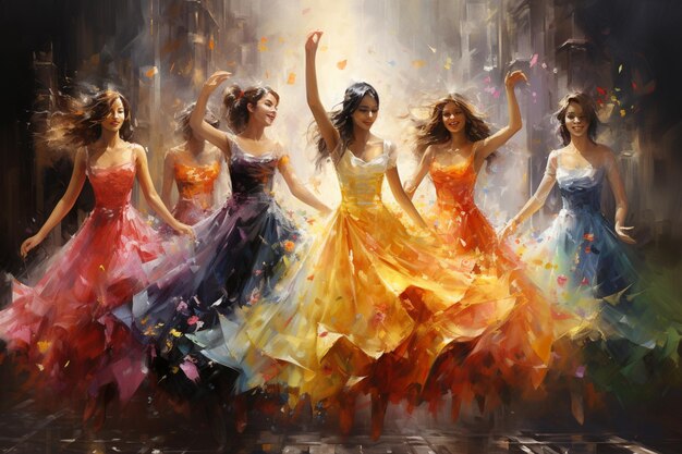 painting of a group of women in colorful dresses dancing in a city generative ai