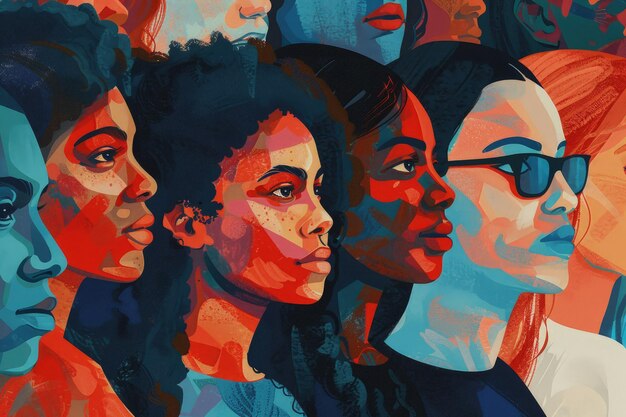 A painting of a group of women in different colors