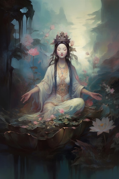 Painting of a Guanyin Bodhisattva Sit on the lotus generative AI