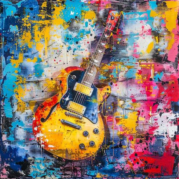 a painting of a guitar with a blue and yellow paint