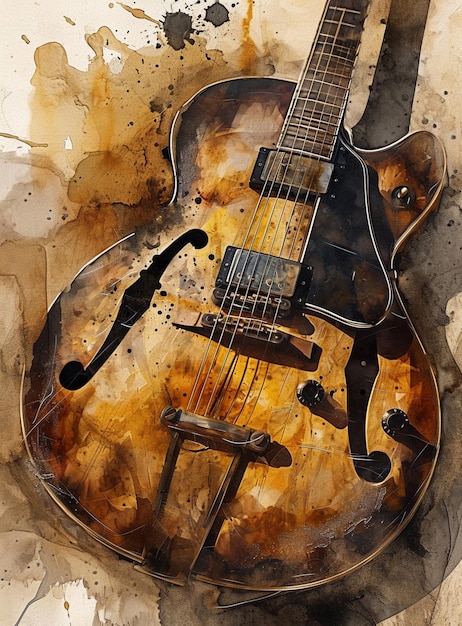 Painting of a guitar with a brown body and a black neck generative ai