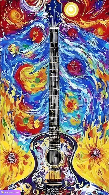 a painting of a guitar with a colorful background