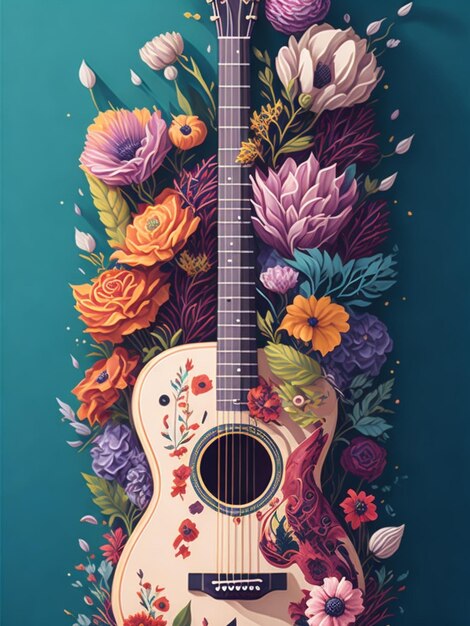 A painting of a guitar with flowers and a picture of a woman on it