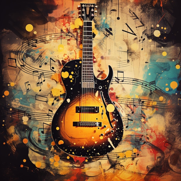 painting of a guitar with music notes and notes generative ai