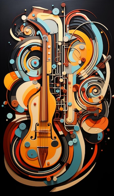 Painting of a guitar with a musical instrument on a black background generative ai