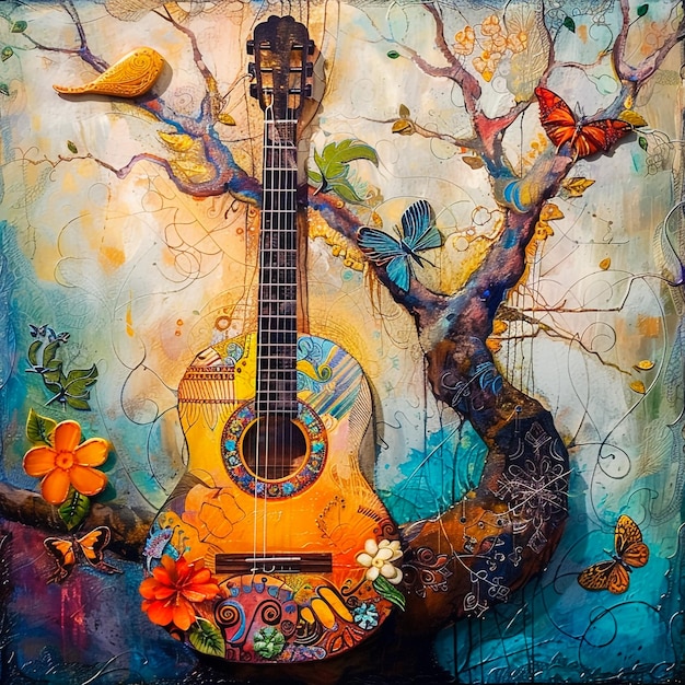 a painting of a guitar with a tree and a bird on it