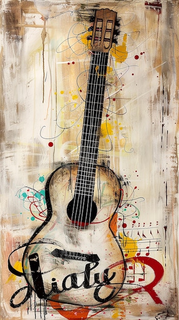 A painting of a guitar with the word guitar