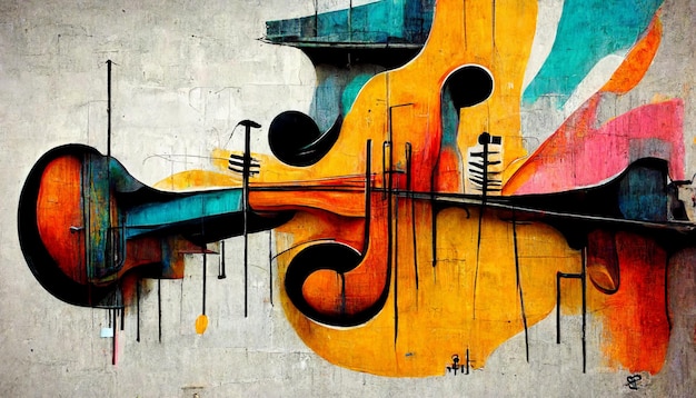 A painting of a guitar with the words " music " on it.