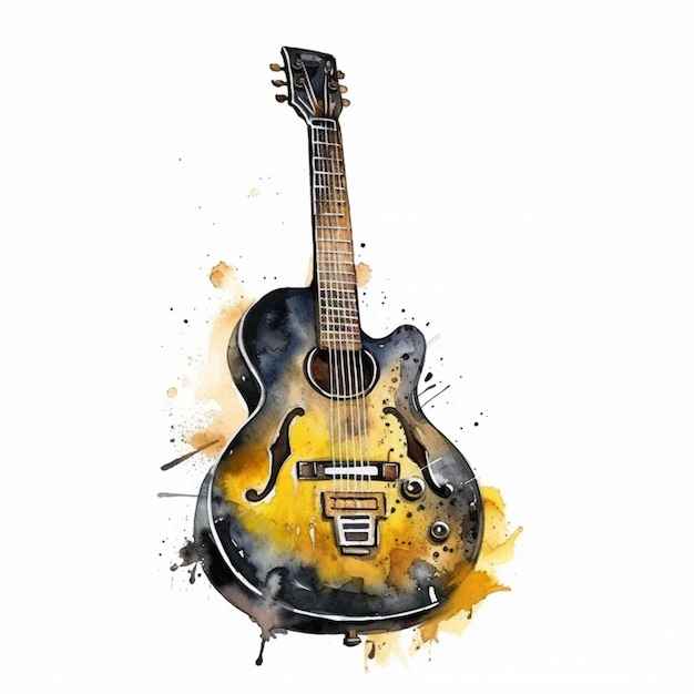 A painting of a guitar with a yellow and black body generative ai
