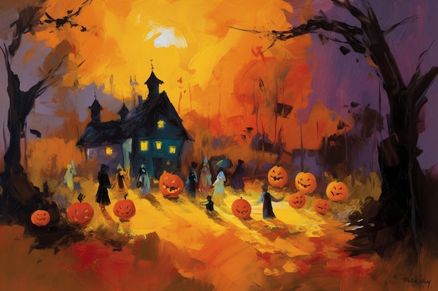 A painting of a halloween scene with pumpkins and a house in the background.