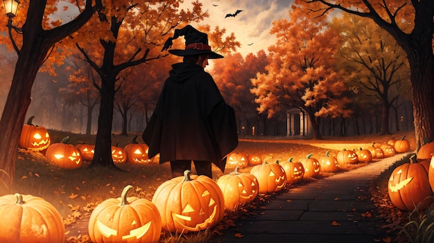 A painting of a halloween scene with pumpkins