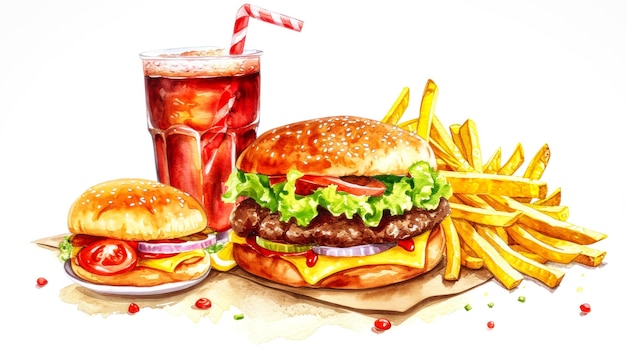 Foto pittura di un hamburger e patatine fritte con una bevanda