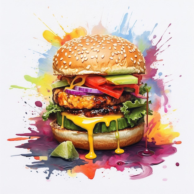 A painting of a hamburger with a lot of different toppings.