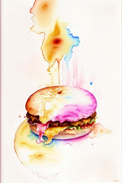 Foto un dipinto di un hamburger con sopra un liquido giallo.