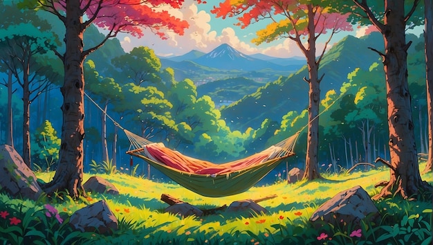 a painting of a hammock with a tree in the background