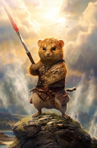 A painting of a hamster holding a spear in the sky.