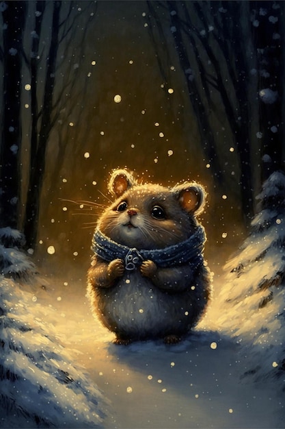 Painting of a hamster wearing a scarf in the snow generative ai