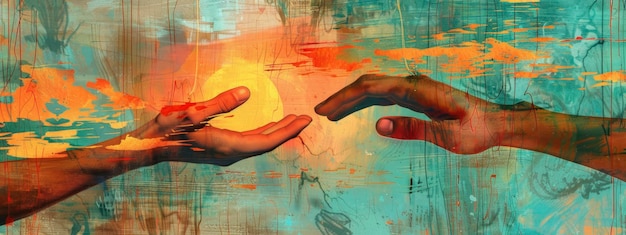 painting of a hand reaching out to another with a sunrise background