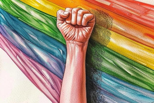 a painting of a hand with a rainbow colored background