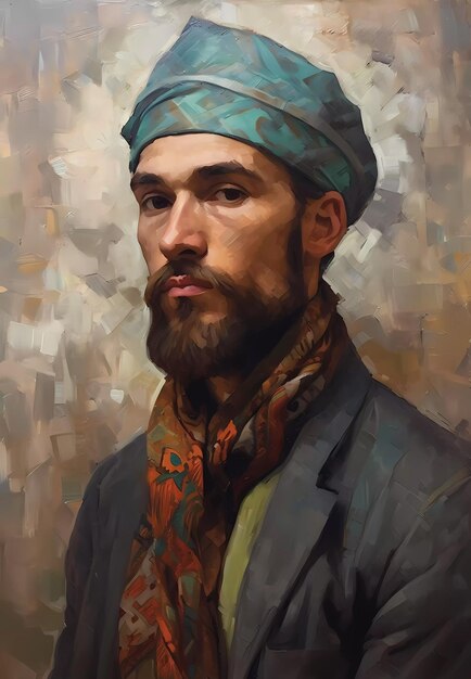 A painting of a handsome muslim man in van gogh style