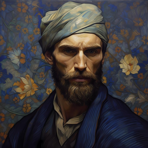 A painting of a handsome muslim man in van gogh style