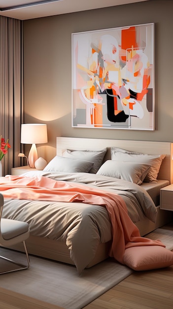 a painting hangs above a bed with a pink blanket on it