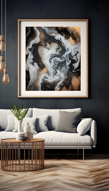 A painting hangs above a couch in a living room.