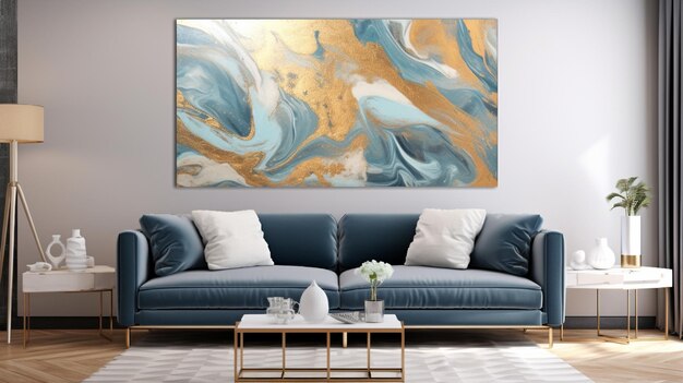 A painting hangs above a couch in a living room.