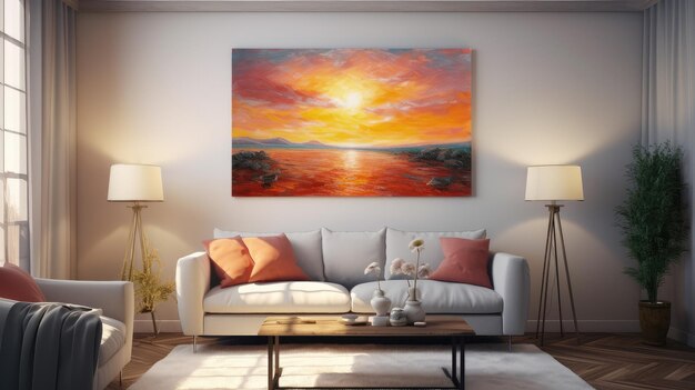 A painting hangs on a wall above a couch with a sunset over the ocean.