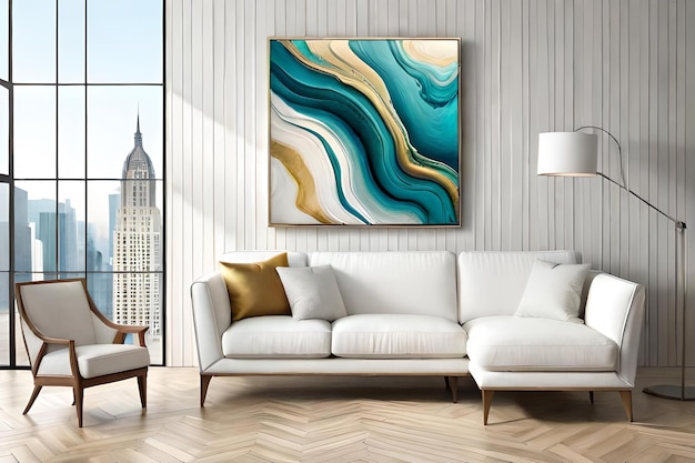 a painting hangs on a wall above a couch with a view of the city in the background