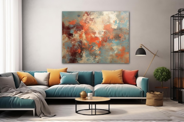 A painting hangs on a wall above a couch.