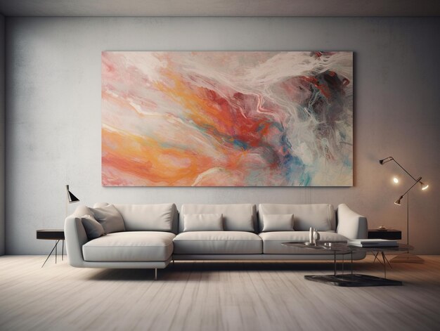 a painting hangs on a wall above a couch