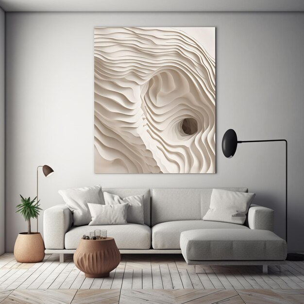 A painting hangs on a wall in a living room.